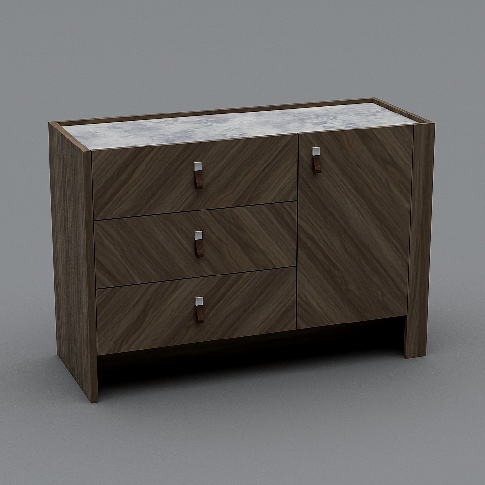 Modern brown wood cabinet with marble top and silver handles on grey background