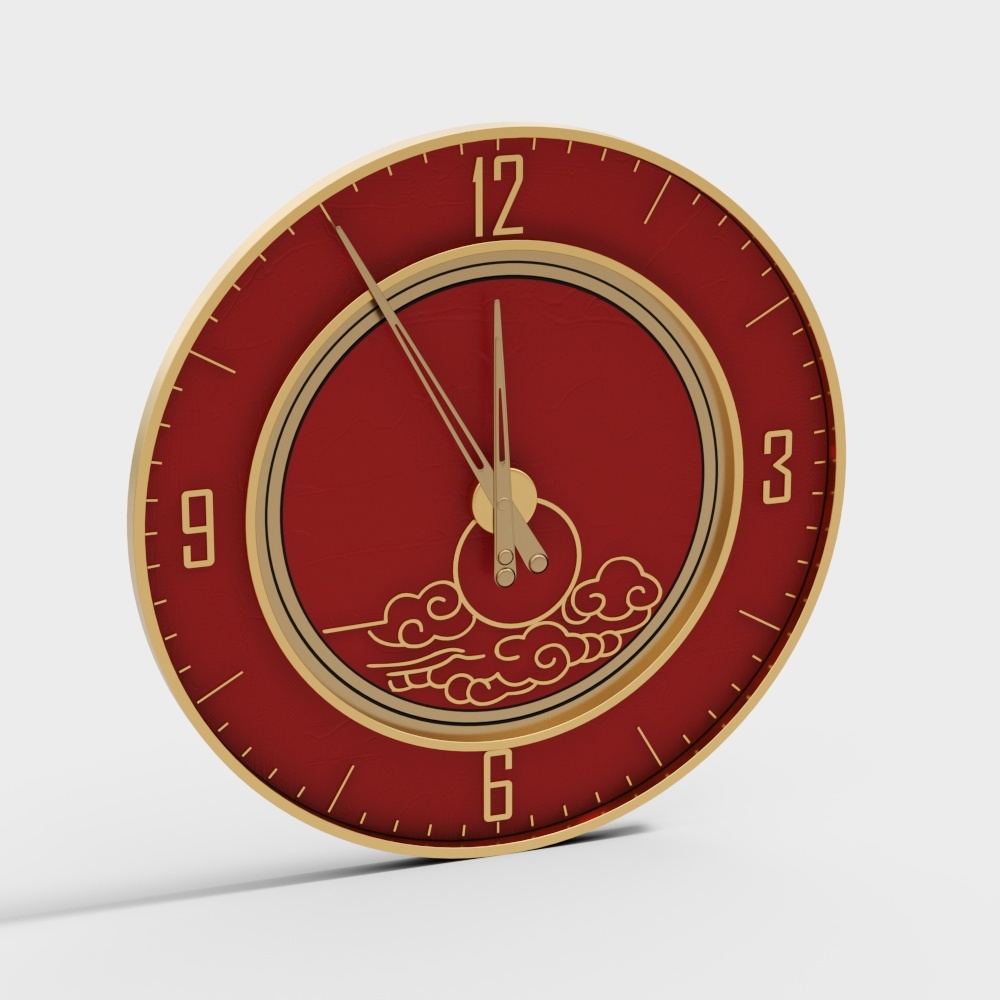 Red round wall clock with gold frame and cloud pattern on white background
