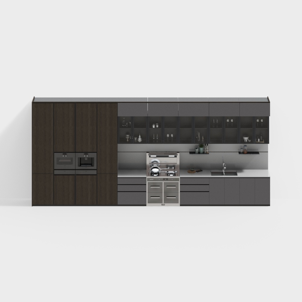 Elegant Minimalist Kitchen 3D Model – Gray & Wood Design