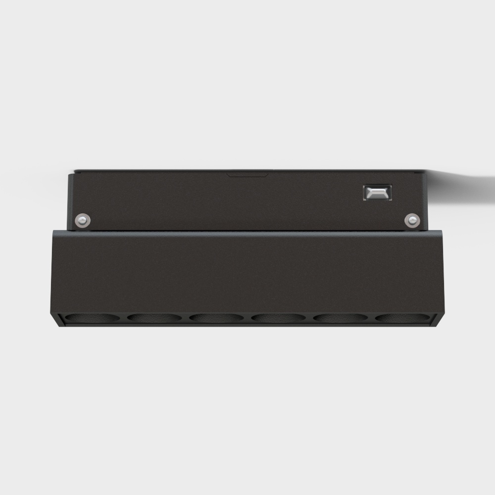 Black rectangular ceiling light fixture with six round bulbs and silver screws on white background