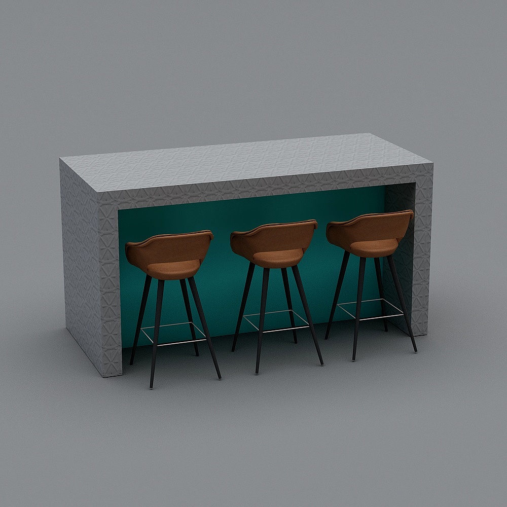 Modern bar table with grey patterned texture and teal back panel with three brown stools on grey background