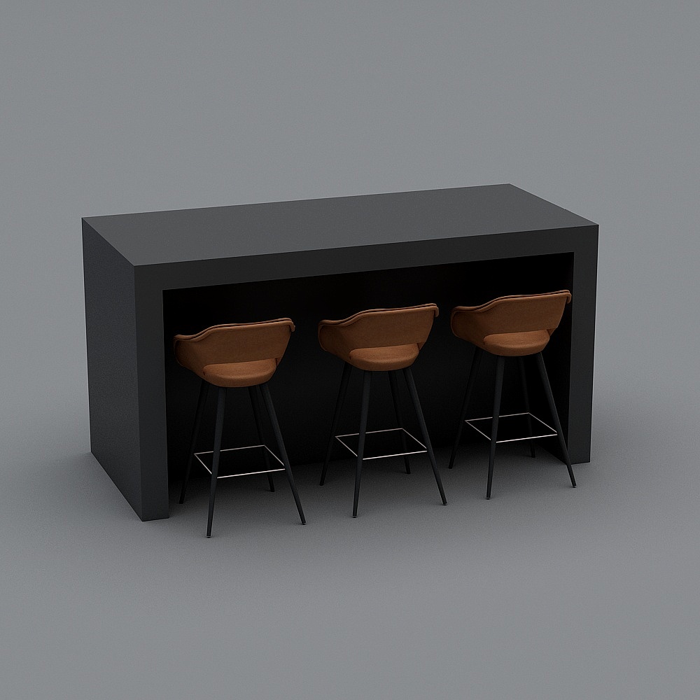 Modern black rectangular bar table with three brown leather stools on grey background