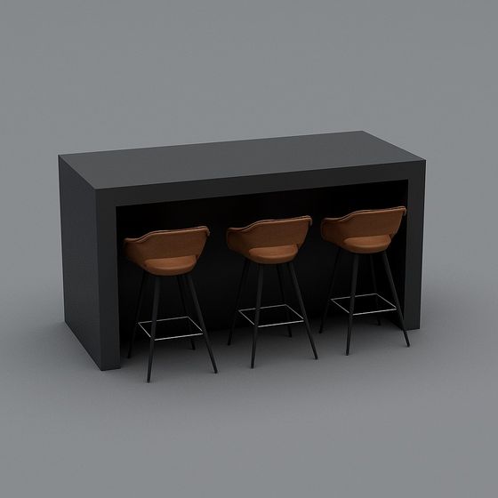 Modern black rectangular bar table with three brown leather stools on grey background
