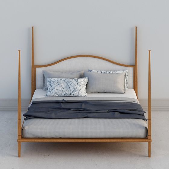 Modern light wood four poster bed with white headboard and grey bedding on grey background