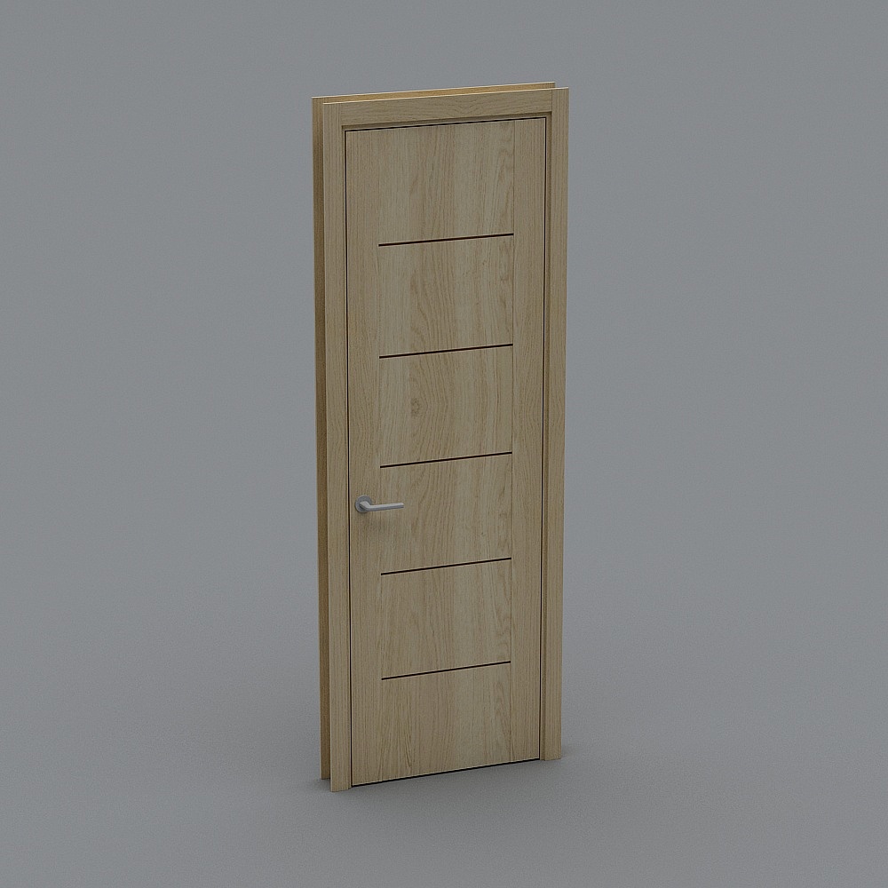 Modern light oak wood interior door with silver handle and horizontal lines on grey background