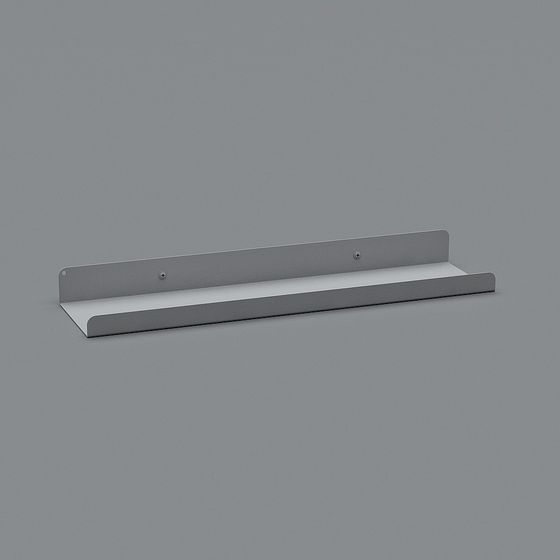 Modern white metal wall shelf with silver screws on grey background