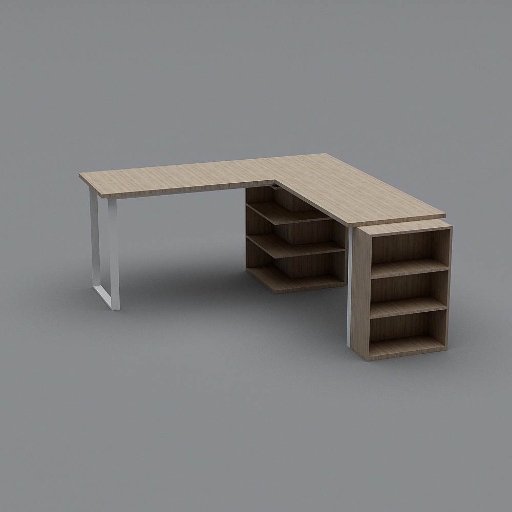 Modern L shaped wooden desk with white legs and open shelves on grey background