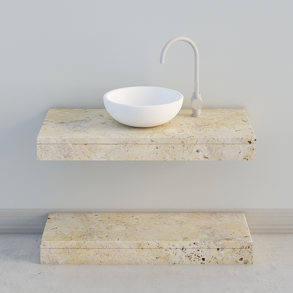 Modern white round sink with tall faucet on beige stone floating vanity and shelf against grey wall
