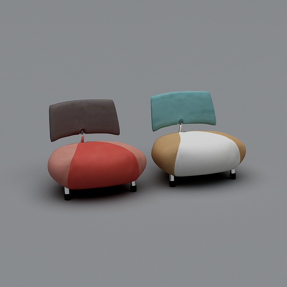 Two modern lounge chairs with multi color fabric and metal legs on grey background