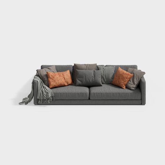 Modern grey fabric sofa with orange and check pillows on white background