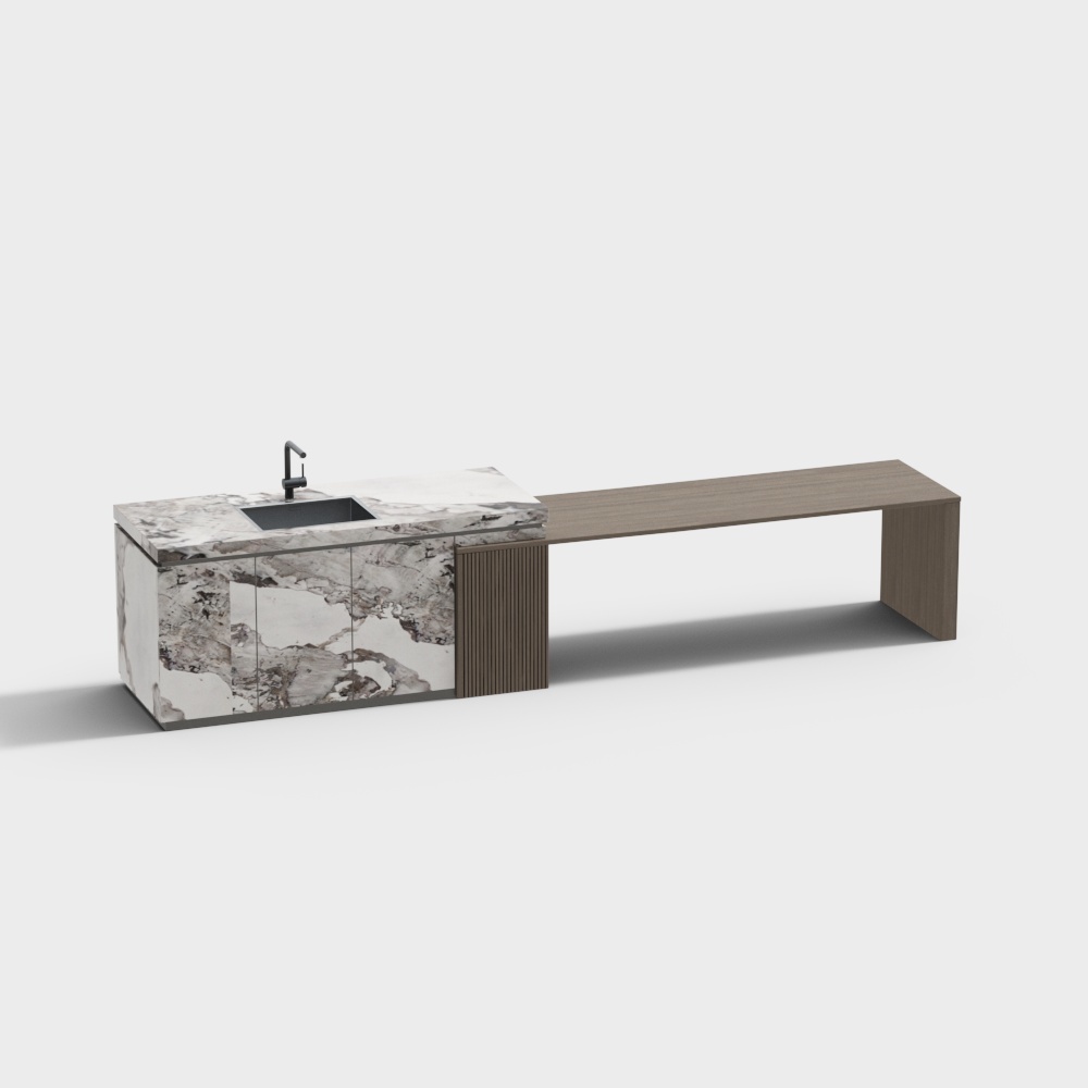 Modern kitchen island with white marble top and grey wood base on white background