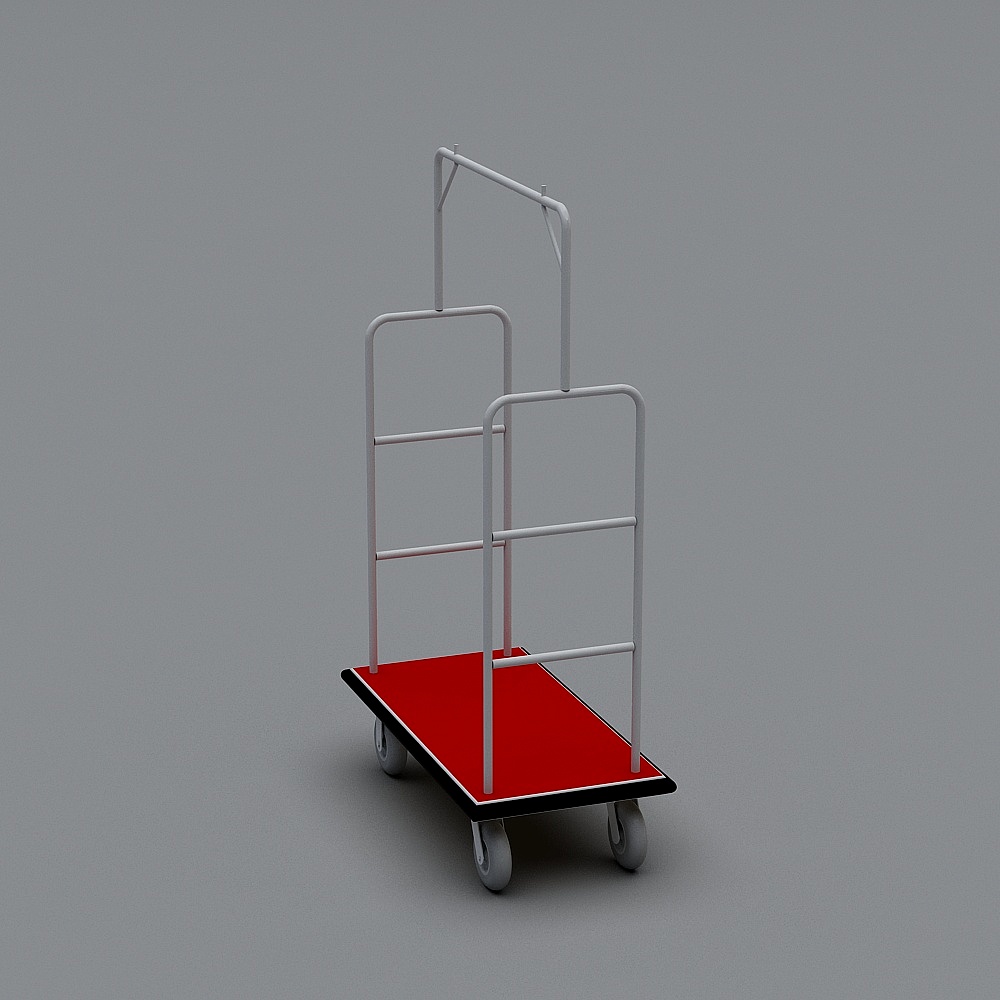 White metal luggage cart with red platform and grey wheels on grey background