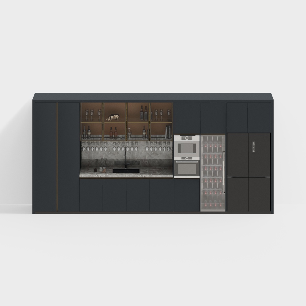 Modern Low-Poly Bar Cabinet 3D Model – Black & Gold Accents