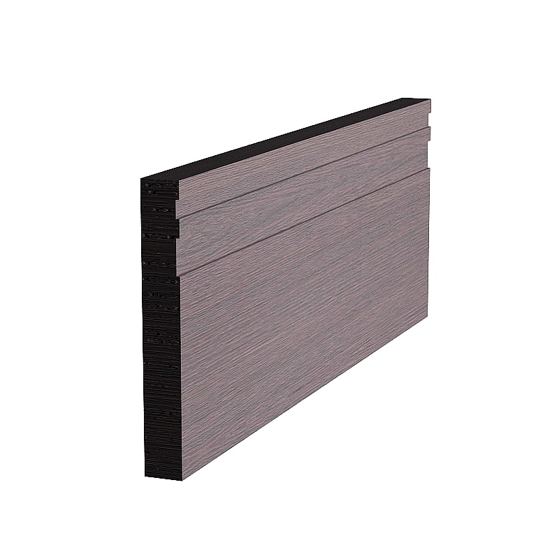 Grey wood wall panel with black edge and horizontal grooves on white background