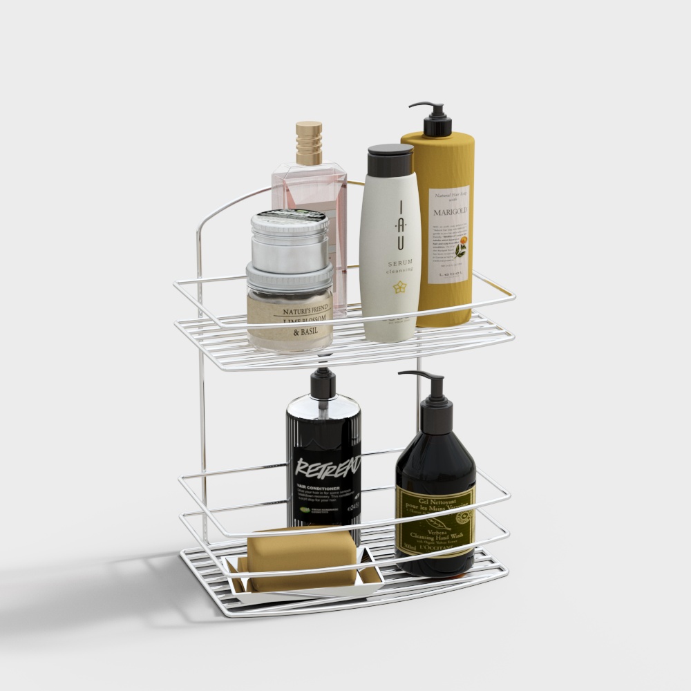 Two tier white wire bathroom shelf with soap and bottles on white background