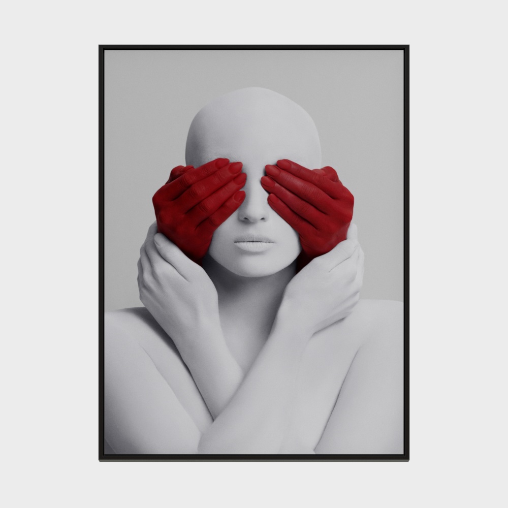 Framed wall art with white figure and red hands covering eyes on light grey background