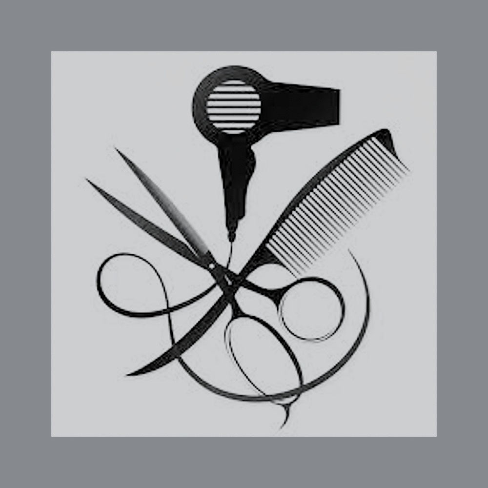 Black hair dryer scissors and comb arranged together on light grey background