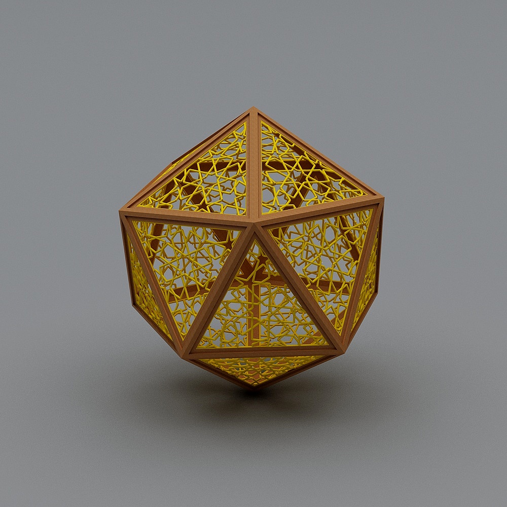 Geometric wooden frame light fixture with yellow web panels on grey background
