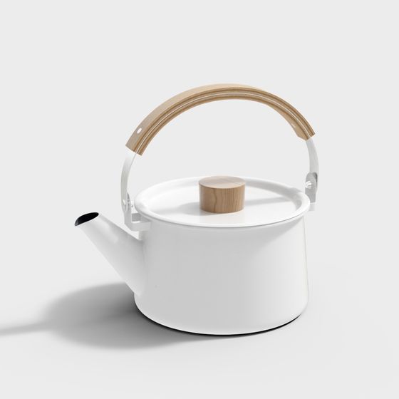 Modern white metal teapot with light wood handle and lid knob on grey background