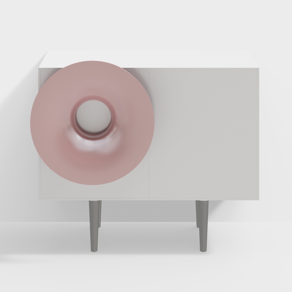 Modern white cabinet with large pink circular handle and grey legs on white background