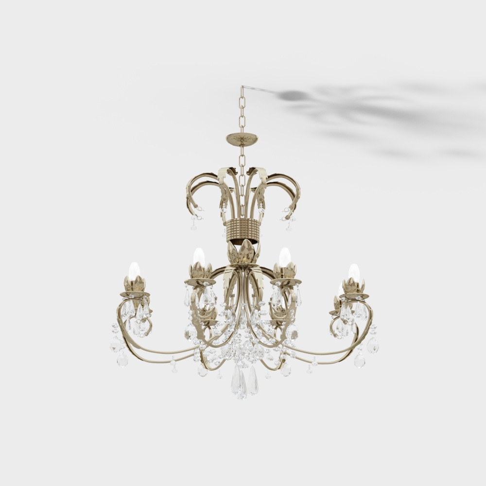 Elegant Classic Chandelier 3D Model – Golden Metal & Crystal