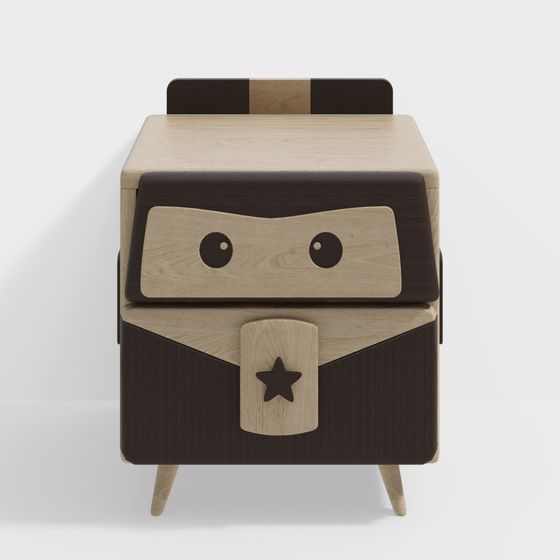 Playful wooden nightstand with ninja face design and star handle on white background
