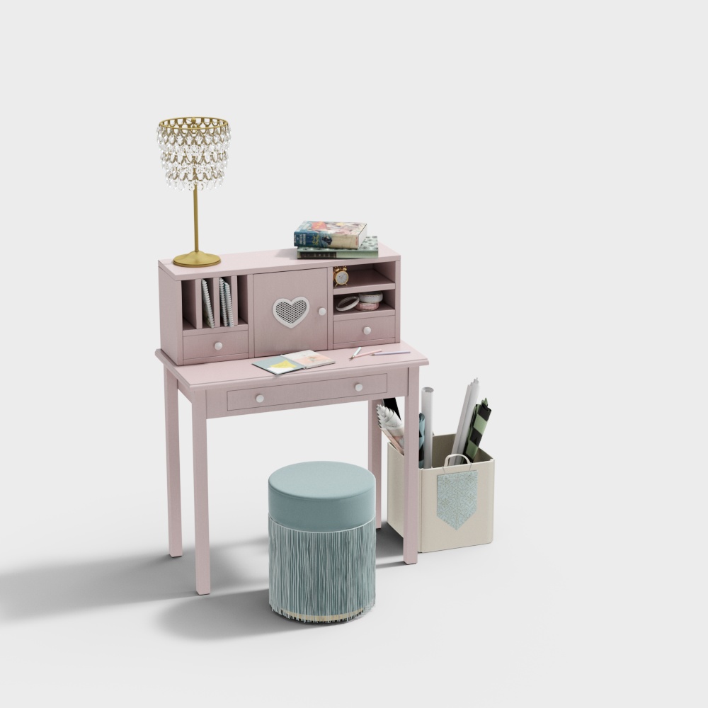 Pink wooden desk with hutch and blue footrest on white background