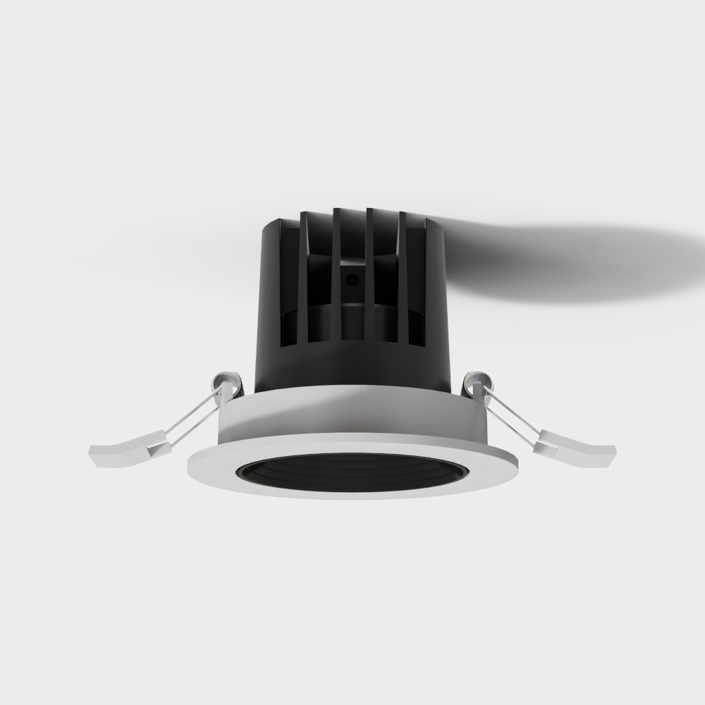 Modern black ceiling light with white rim and silver clips on grey background