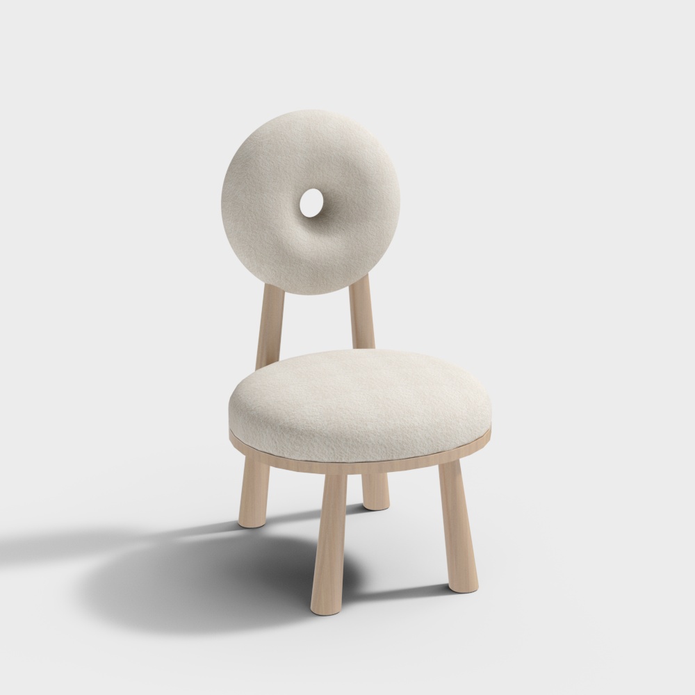 Modern round beige fabric chair with wooden legs and circular backrest on white background