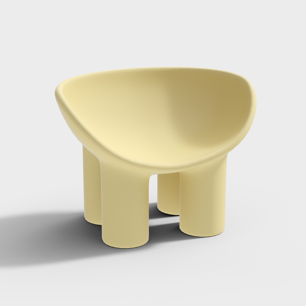 Modern pale yellow plastic stool with thick round legs on white background
