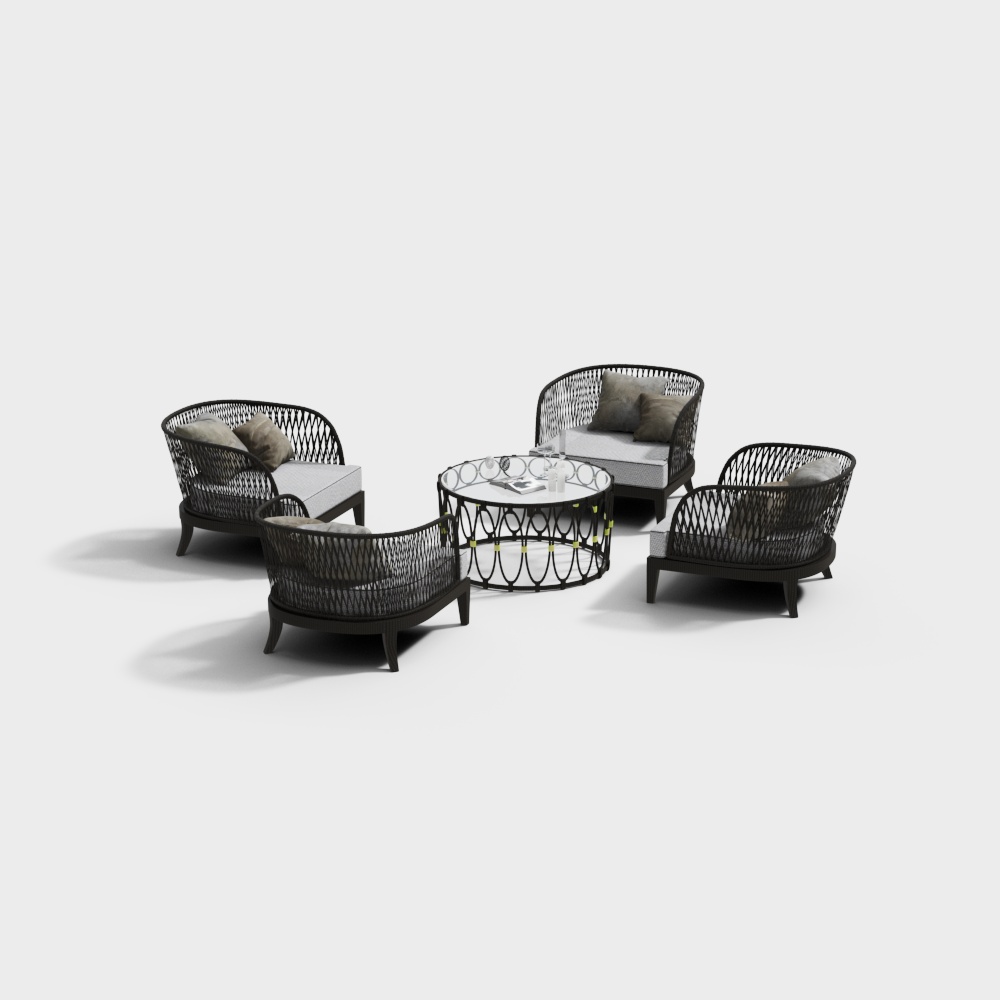 Urban Leisure Sofa Set 3D Model – Black Metal & Grey Fabric