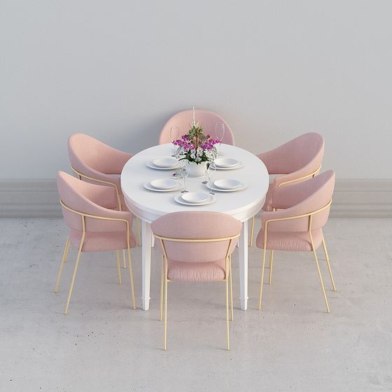 Elegant Round Table with Pink Chairs 3D model