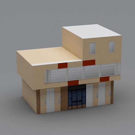 Modern beige house with balcony and brick wall on grey background