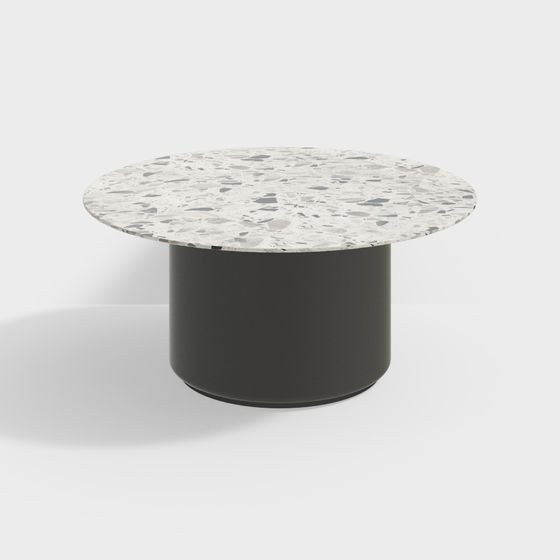 Modern round coffee table with terrazzo top and black cylinder base on white background