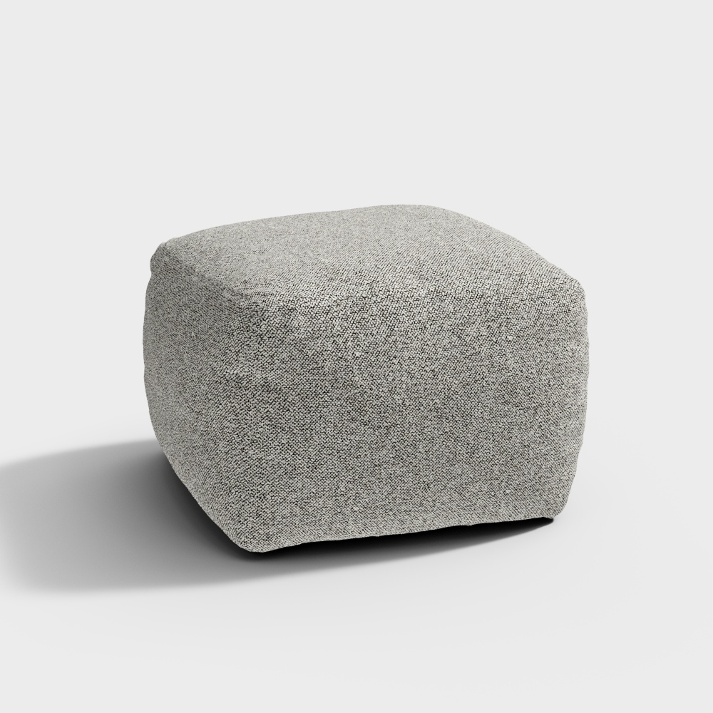 Modern light grey fabric ottoman with soft rounded square shape on white background