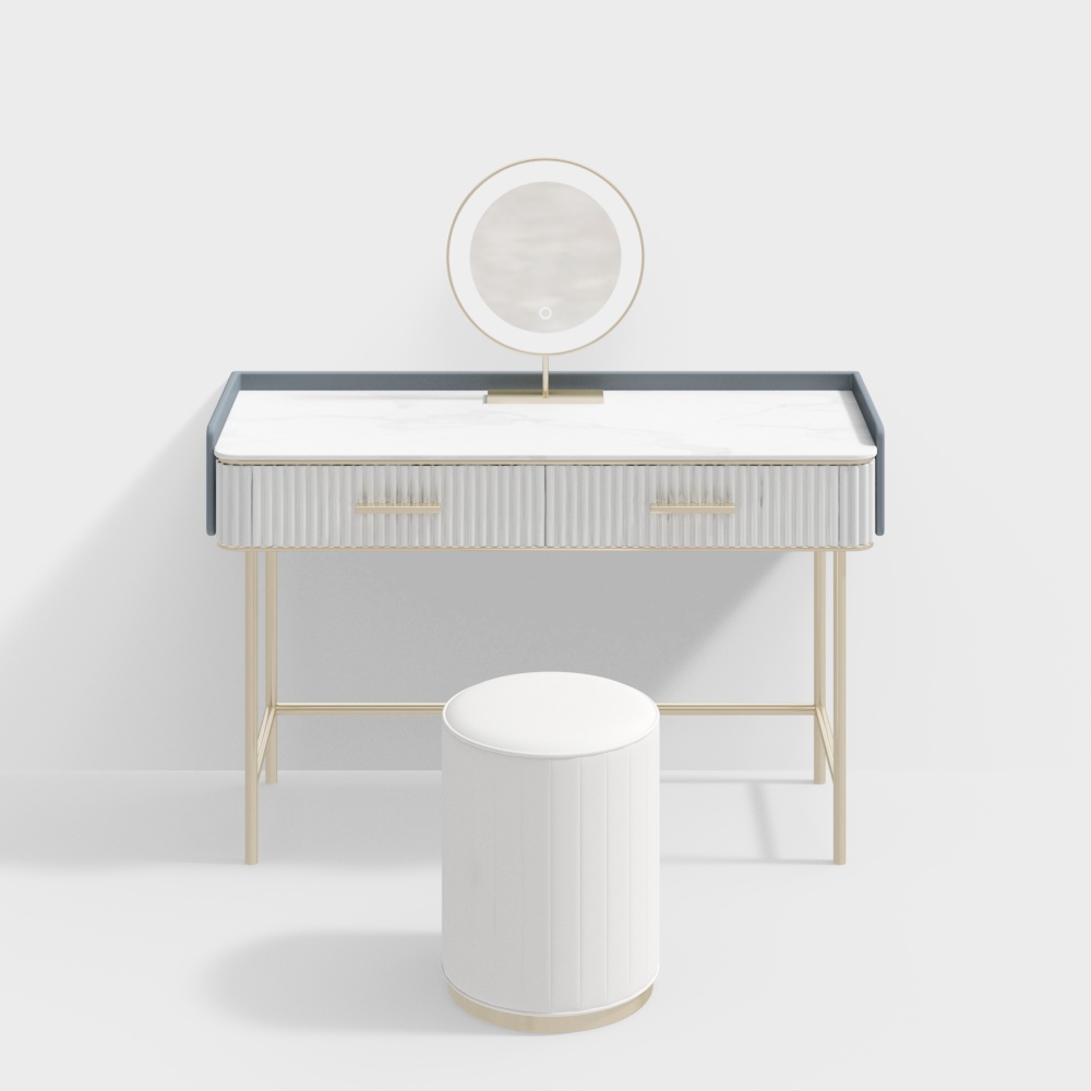 Modern white marble vanity table with gold legs and round mirror on white background