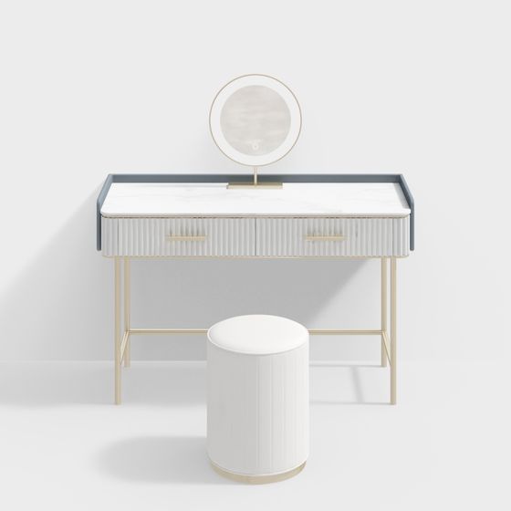 Modern white marble vanity table with gold legs and round mirror on white background