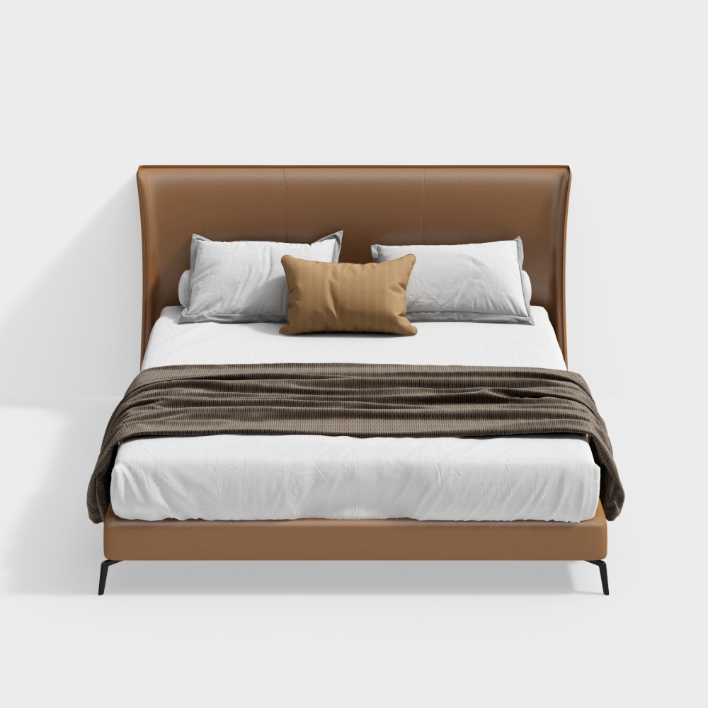 Elegant Low-Poly Bed Model – Leather Texture & Soft Pillows