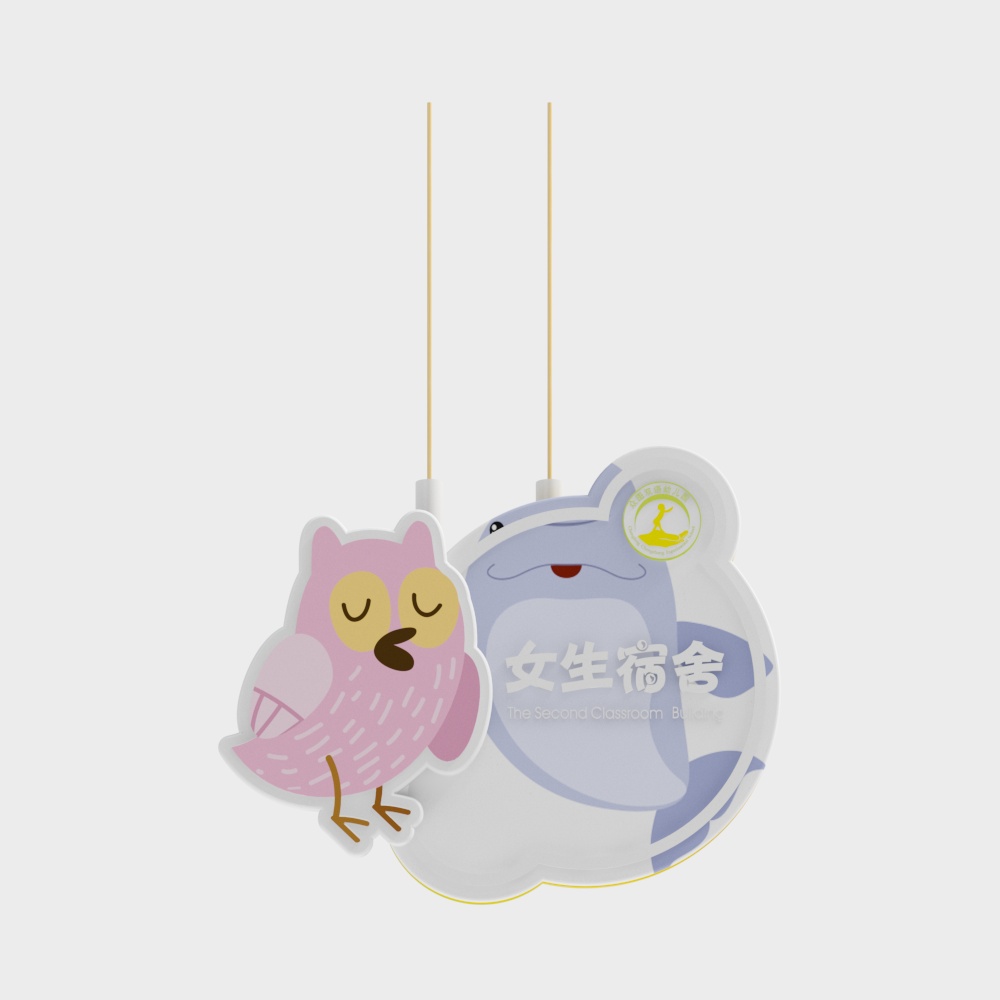 Cute pink owl and blue bear hanging signs on grey background