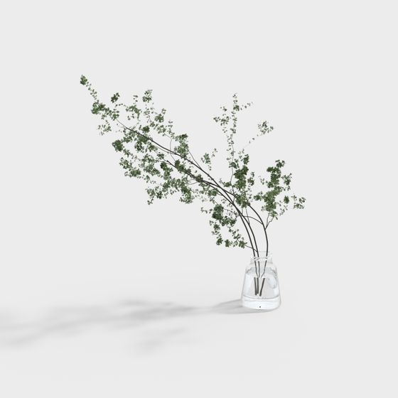 Glass Vase with Green Plants 3D Model