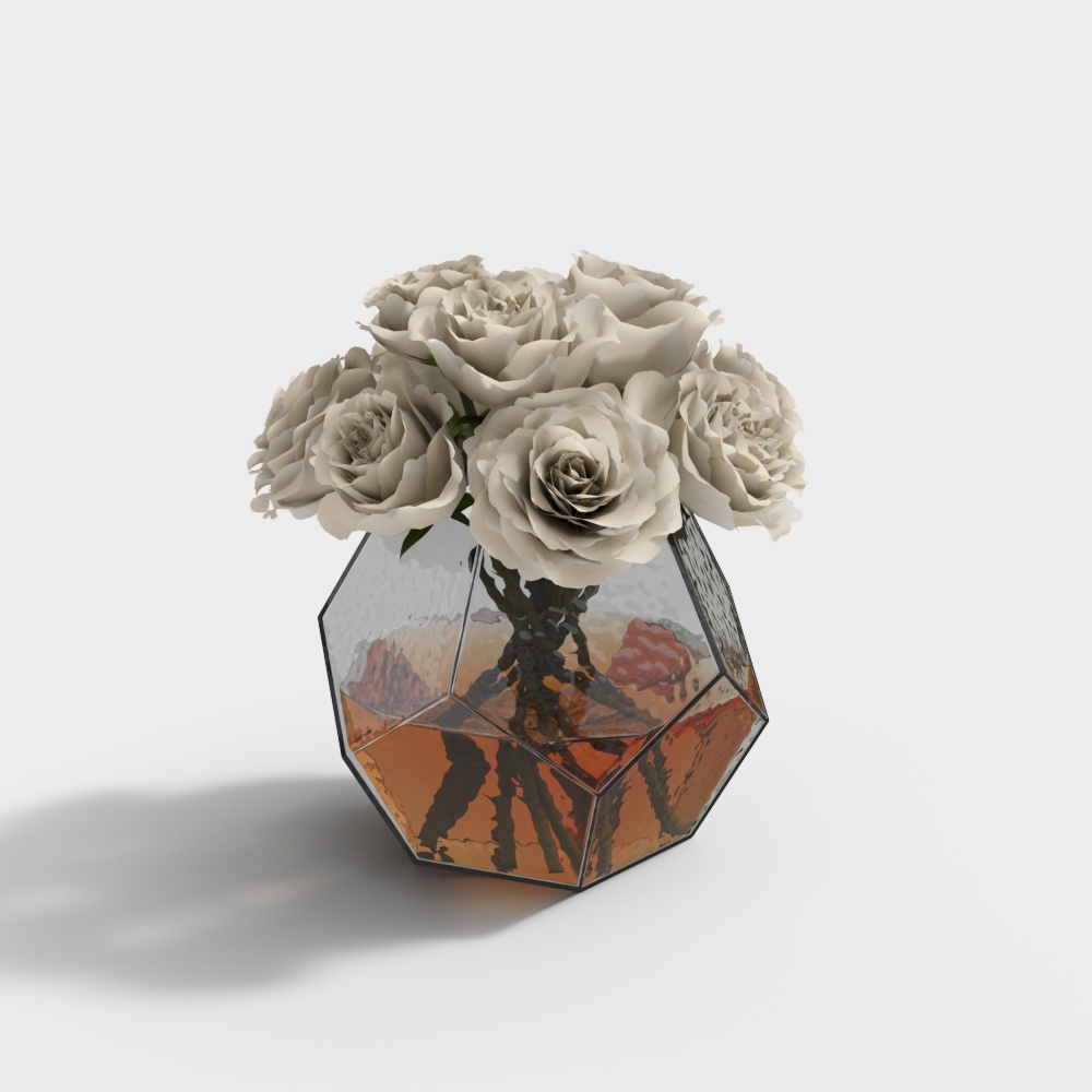 Glass Vase with Roses 3D Model – Low Poly Floral Design