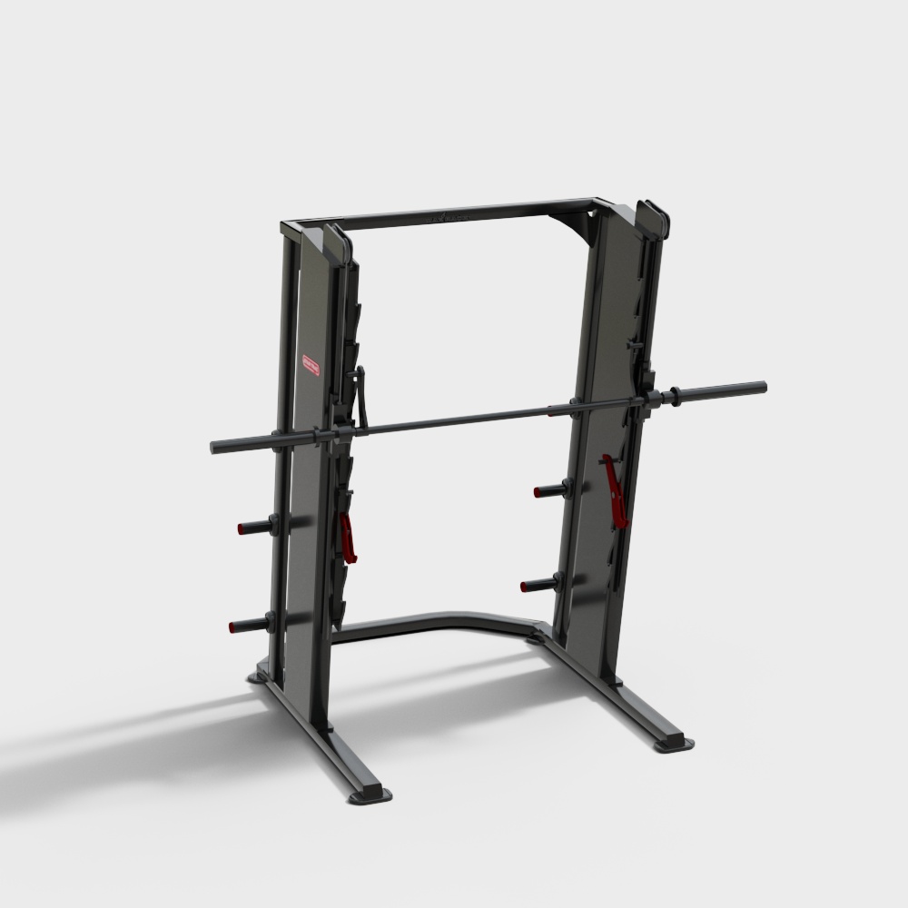 Black metal smith machine with barbell and red hooks on white background