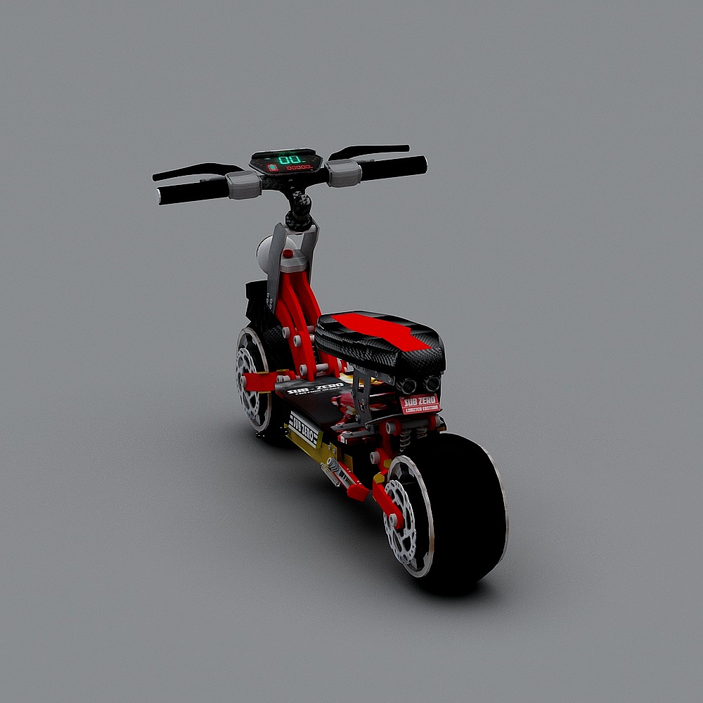Red and black electric scooter with digital display on grey background