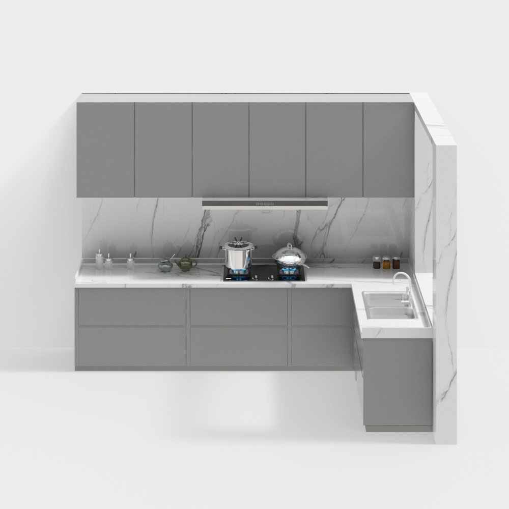 Modern Kitchen 3D Model – Gray Cabinets & Marble
