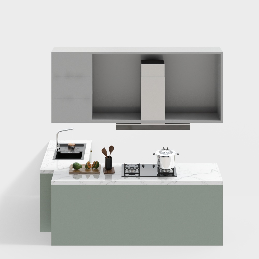Modern Kitchen 3D Model – Gray Cabinets & Marble Countertop