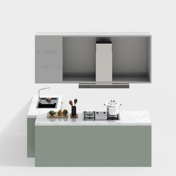Modern Kitchen 3D model with Elegant Gray Cabinets