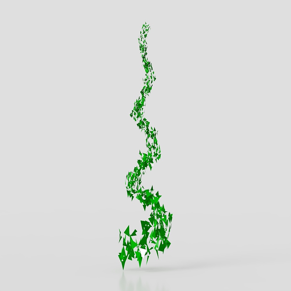 Abstract green spiral sculpture made of sharp triangles on grey background