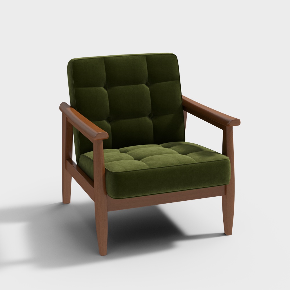 Children's reading armchair green velvet + rubber wood (walnut color)