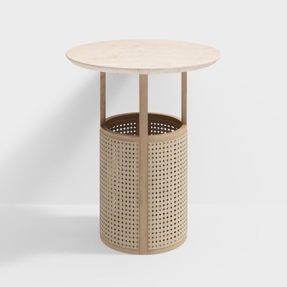 Round light wood side table with perforated cylindrical base and marble top on white background