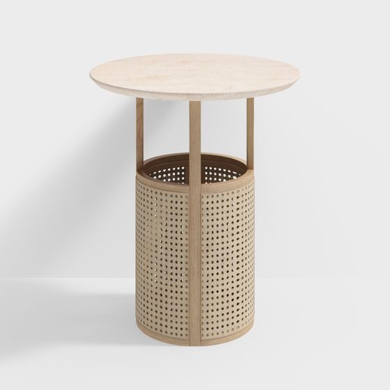 Round light wood side table with perforated cylindrical base and marble top on white background
